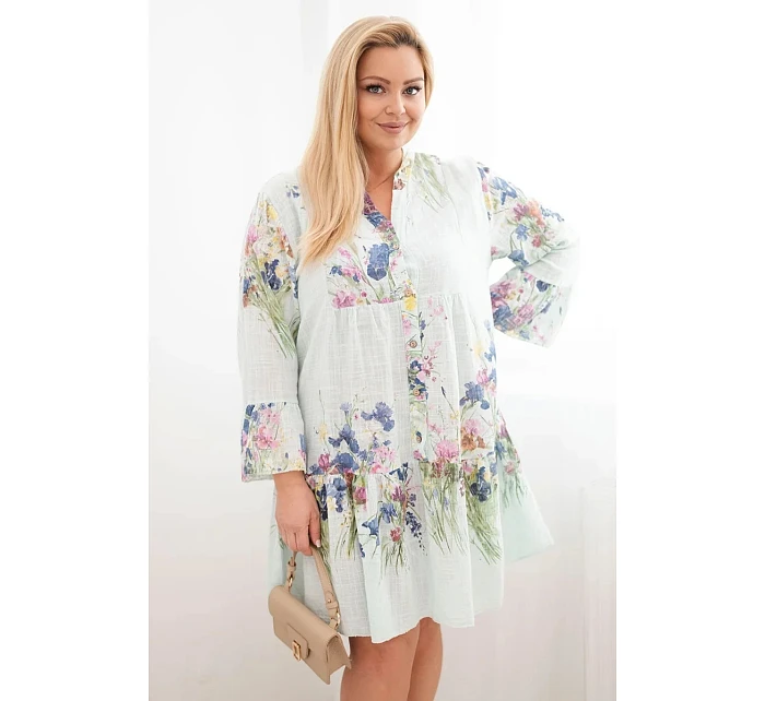 Dámské bavlněné šaty Plus Size s výstřihem do V a knoflíky, květinový vzor mátové