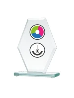 Skleněná trofej s barevným potiskem LuxorJet, gravírováním a inkoustovou výplní