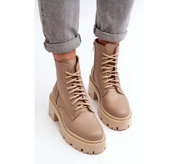 Dámské kožené botky na podpatku béžové model 21644578 - Zazoo