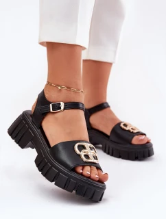 Dámské kožené sandály se zlatým detailem model 21695066 Černé - VINCEZA