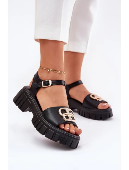Dámské kožené sandály se zlatým detailem model 21695066 Černé - VINCEZA