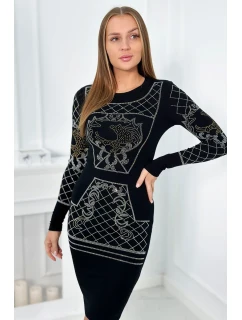 Pletené šaty se vzorem zlatého a stříbrného kubického zirkonu černý