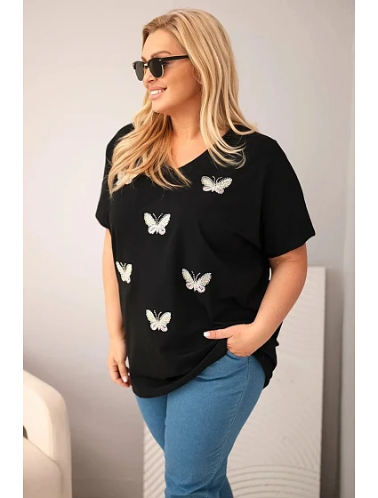 Dámská bavlněná halenka Plus Size s motýlky černá Dámská bavlněná halenka Plus Size s motýlky černá