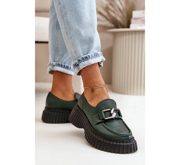 Zazoo Polobotky Mokasíny Dámské Z Přírodní Kůže Tmavě Zelené