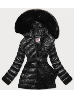 Černá lesklá zimní bunda s mechovitou kožešinovou podšívkou (w674)