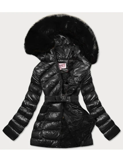 Černá lesklá zimní bunda s mechovitou kožešinovou podšívkou (w674) Černá lesklá zimní bunda s mechovitou kožešinovou podšívkou (w674)