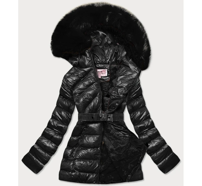 Černá lesklá zimní bunda s mechovitou kožešinovou podšívkou (w674) Černá lesklá zimní bunda s mechovitou kožešinovou podšívkou (w674)