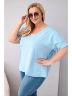 Dámská bavlněná halenka s výstřihem do V a s třásněmi na zádech modrá