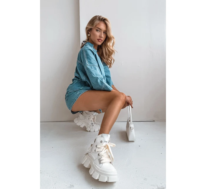 Dámské zateplené sportovní kotníkové botky z kůže – bílé GOE Dámské zateplené sportovní kotníkové botky z kůže – bílé GOE