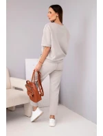 Dámský komplet viskózový máslový s krátkým rukávem a kalhotami s ohrnutým lemem tmavě béžový