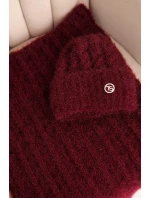Dámská souprava čepice a šála s proužkem a ozdobou bordový