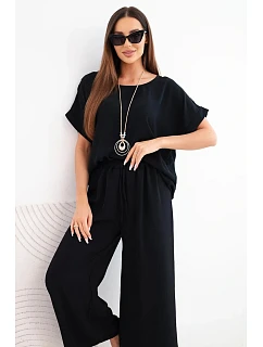 Dámský viskózový komplet halenka s krátkým rukávem a kalhoty se širokými nohavicemi černý