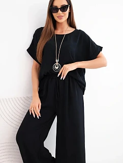 Dámský viskózový komplet halenka s krátkým rukávem a kalhoty se širokými nohavicemi černý