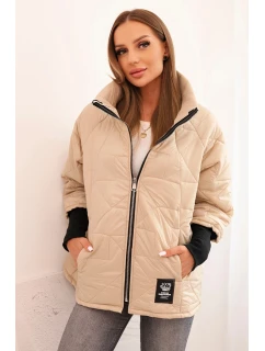 Dámská prošívaná bunda s krátkým střihem a stojáčkem tmavě béžová