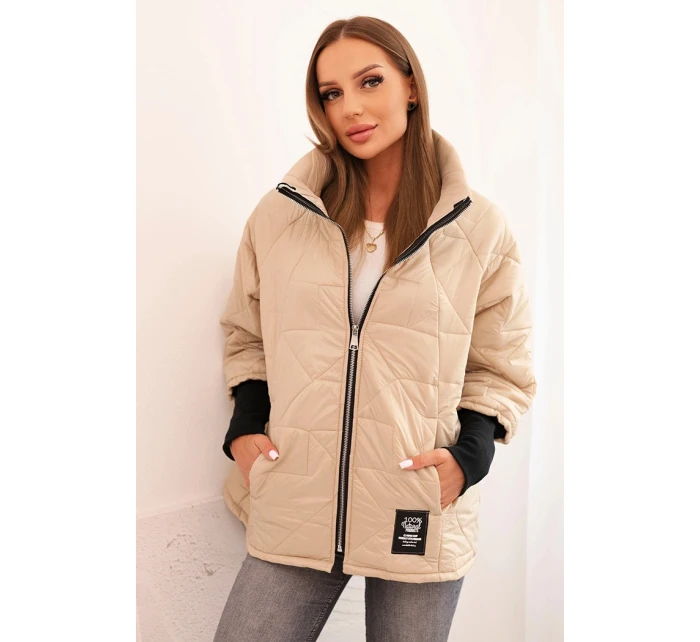 Dámská prošívaná bunda s krátkým střihem a stojáčkem tmavě béžová