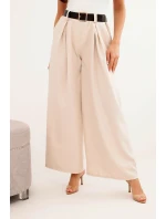 Dámské kalhoty s širokou nohavicí a páskem světlé béžové
