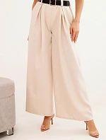 Dámské kalhoty s širokou nohavicí a páskem světlé béžové