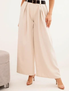 Dámské kalhoty s širokou nohavicí a páskem světlé béžové