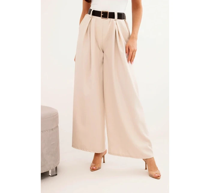 Dámské kalhoty s širokou nohavicí a páskem světlé béžové
