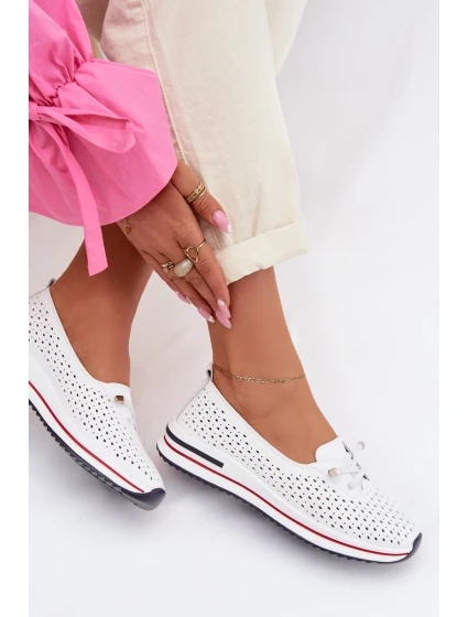 Kožené Ažurové Dámské Polobotky S.Barski LR61-7044 Bílé