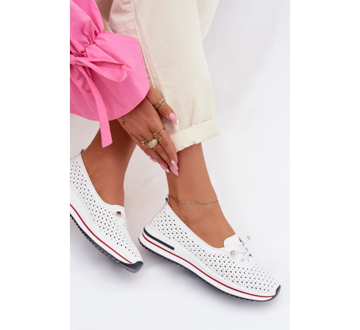 Kožené Ažurové Dámské Polobotky S.Barski LR61-7044 Bílé