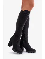 Zateplené Dámské Kozačky Na Podpatku Eko Semišové Černé Tirisha