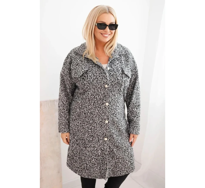 Dámský kabát Plus Size s vlnou zapínaný na knoflíky s kapsami a límcem grafitový melír