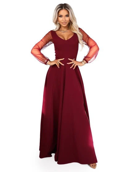 LORETTA dlouhé šaty s rukávy a výstřihem vínové model 21791769 - numoco LORETTA dlouhé šaty s rukávy a výstřihem vínové model 21791769 - numoco