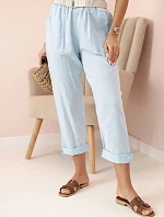 Dámské lněné kalhoty s bavlnou a páskem modré
