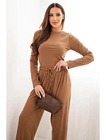 Dámský viskózový komplet s halenkou a širokými kalhotami camelový