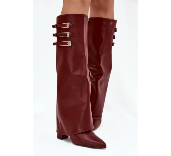 Dámské Kozačky Na Podpatku  Pásky S Přezkami Bordové model 21704830 - Boto