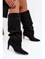 kozačky na jehlovém podpatku z veluru vyhřívané černé model 21757771 - Boto