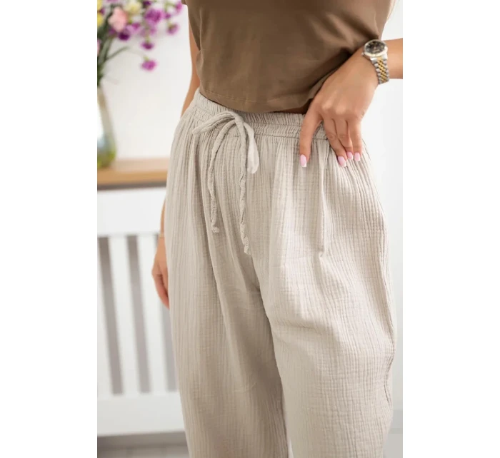 Mušelínové kalhoty se širokou nohavicí béžový