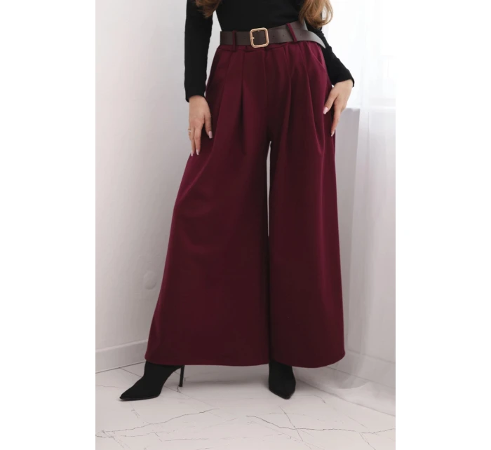 Dámské kalhoty s širokou nohavicí a páskem bordové Dámské kalhoty s širokou nohavicí a páskem bordové