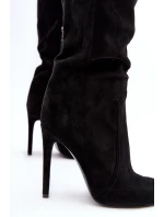 Dámské koleno vysoké boty na podpatku černé model 21638639 - Boto
