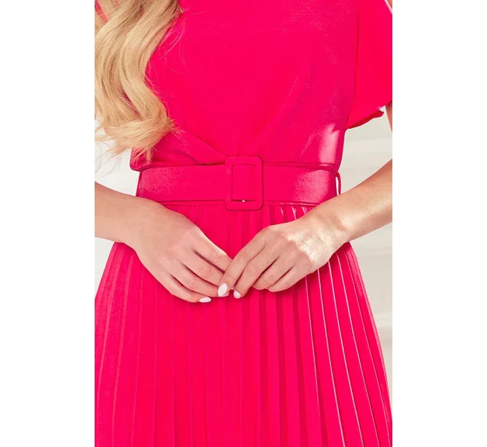 LAYLA - Dámské plisované šaty v malinové barvě s opaskem 396-2