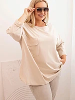 Dámská blůza Plus Size s bavlnou, kapsou a ohrnutým rukávem béžová