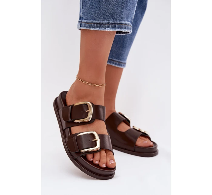 Dámské ekologické kožené pantofle se zlatými sponami Čokoládové model 21960841 - Boto