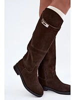 Kožené semišové kozačky s dekorativním páskem Hnědé Clarimond Kožené semišové kozačky s dekorativním páskem Hnědé Clarimond