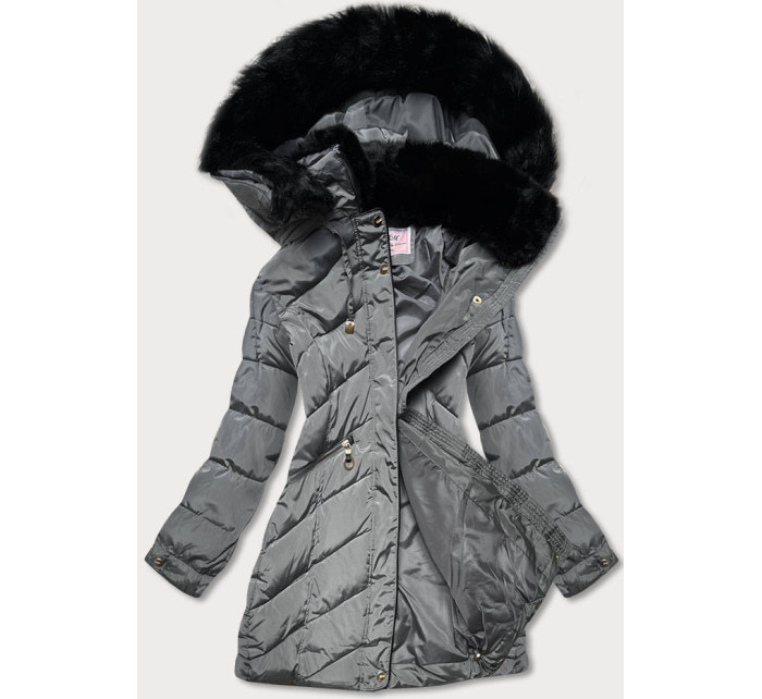 Šedá dámská prošívaná zimní bunda s kapucí (W732)