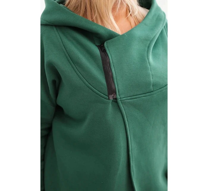Dámská mikina Plus Size zateplená s kapucí a asymetrickým zipem tmavě zelená