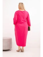 Dámská suknička Plus Size bavlněná s dlouhým rukávem a řasením v pase fuchsie