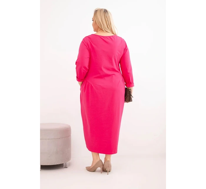 Dámská suknička Plus Size bavlněná s dlouhým rukávem a řasením v pase fuchsie