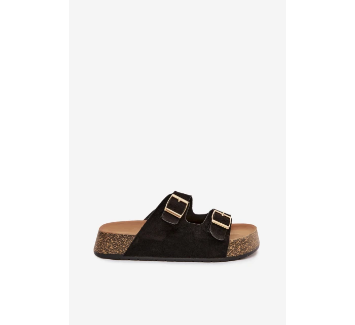 Dámské pantofle na korkové platformě se zlatými sponami Černé Tovessa Dámské pantofle na korkové platformě se zlatými sponami Černé Tovessa