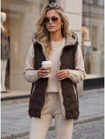 Dlouhá prošívaná dámská vesta s kapucí, hnědá, FashionStreet TY5921 Dlouhá prošívaná dámská vesta s kapucí, hnědá, FashionStreet TY5921