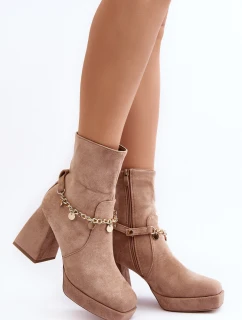 Dámské kotníčkové boty na podpatku s řetízkem béžové model 21642444 - Boto