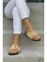 Kožené semišové dámské pantofle s přezkou Béžové model 22118175 - Boto