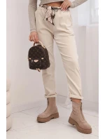 Dámské kalhoty z viskózy s šátkovým páskem béžové Dámské kalhoty z viskózy s šátkovým páskem béžové