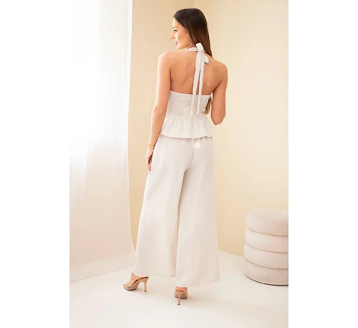 Dámská viskózová souprava s vázaným topem a kalhotami se širokými nohavicemi béžový