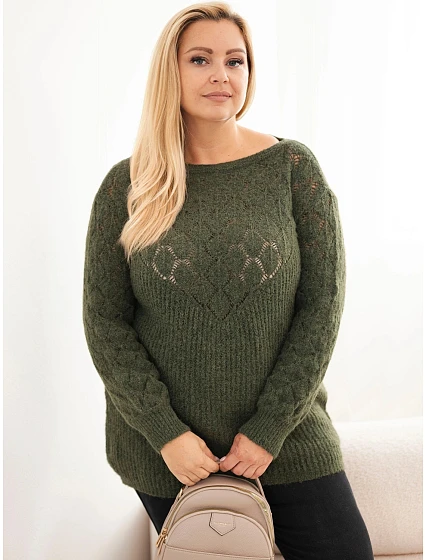 Dámský svetr Plus Size z průřezového úpletu s dlouhým rukávem khaki